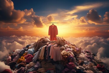 Huge piles of unnecessary clothes in the landfill. The problem of overproduction, irrational consumption and environmental pollution. - obrazy, fototapety, plakaty