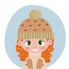 Vector winter or autumn illustration , cartoon cute girl in flat style , with orange hair and green eyes,  warm cozy clothes ,for different design uses.