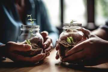 Business people holding glass jars with plants growing from money investment - obrazy, fototapety, plakaty