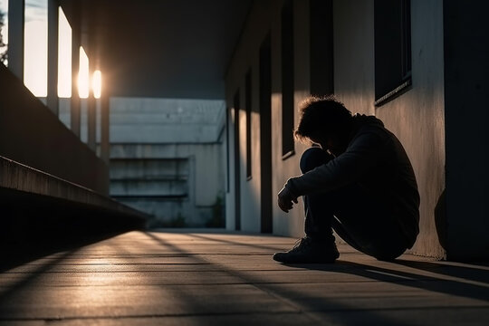 Silhouette of depressed man sitting head in hands on the walkway of residence building. Sad man, lonely and unhappy.Negative emotion and mental health concept. The impact of Economy crisis. Dramatic