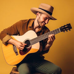 Obraz premium Cheerful man in hat playing acoustic guitar on yellow monochromatic background