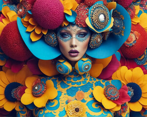 Avant-garde surreal fashion model in bright, vivid colors. Ideal for fashion, avant-garde, and...