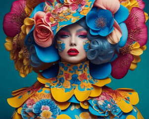 Avant-garde surreal fashion model in bright, vivid colors. Ideal for fashion, avant-garde, and surreal photography concepts. - obrazy, fototapety, plakaty
