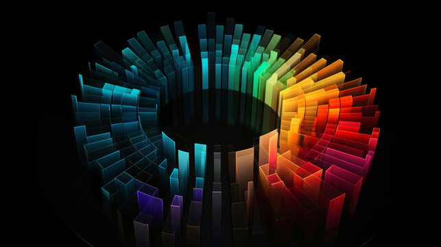 Fototapeta Colorful pie chart info graphics. Data analysis, or statistics, on a black background. 3D design