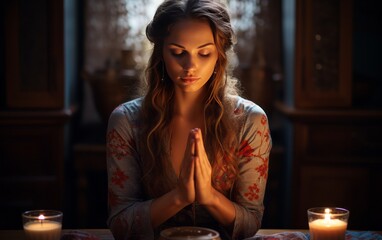 Portrait of a beautiful woman with long wavy hair sitting at the table in the room and meditating.