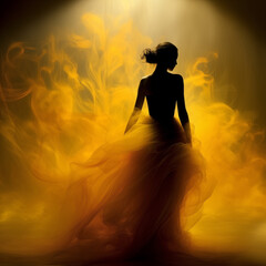 Silhouette of a beautiful woman, standing back on abstract yellow blurred background with fog