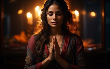 Beautiful young woman meditating in a dark room with a fireplace - obrazy, fototapety, plakaty