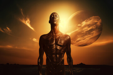 portrait of biomechanical robot in shape of human body made of golden metal, against background of bay and landscape, sunset sky