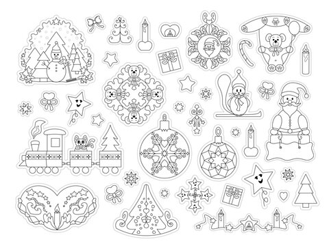 Set of characters and decor. Christmas theme. To color and cut out. Set No. 2. Vector illustration.	