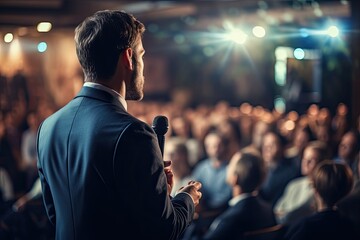 A young man speaks at a seminar in front of his audience. Generated by AI. - obrazy, fototapety, plakaty