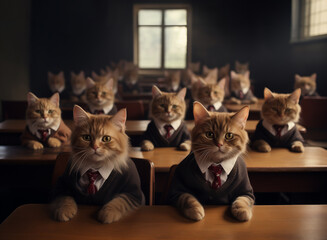 Group of cats wearing uniform sitting in the classroom, Generative Ai.
