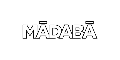 Madaba in the Jordan emblem. The design features a geometric style, vector illustration with bold typography in a modern font. The graphic slogan lettering.