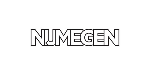 Nijmegen in the Netherlands emblem. The design features a geometric style, vector illustration with bold typography in a modern font. The graphic slogan lettering.