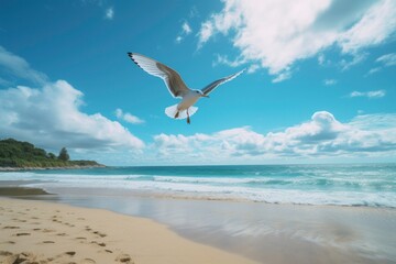 Seagull bird flying over ocean waters at the beach