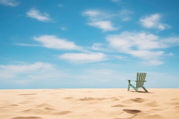 A solitary beach chair casting a long shadow in warm sand, facing the endless horizon. Serene blue sky and gentle waves complete the tranquil scene.