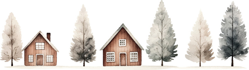 watercolor isolated clipart houses in the winter forest - obrazy, fototapety, plakaty