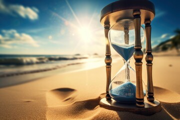 Antique hourglass on sunlit sandy beach with waves gently lapping, sands of time trickle under a blue sky, symbolizing life's beauty and moments, vintage filter for ageless charm - obrazy, fototapety, plakaty