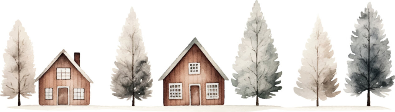 watercolor isolated clipart houses in the winter forest