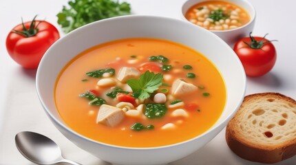 background of tomato soup with bread and vegetables