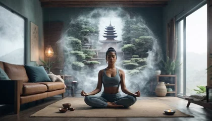 Stoff pro Meter woman meditating in her cozy living room. Around her, the walls appear to dissolve into a zen temple, visualized through misty particles © Lars