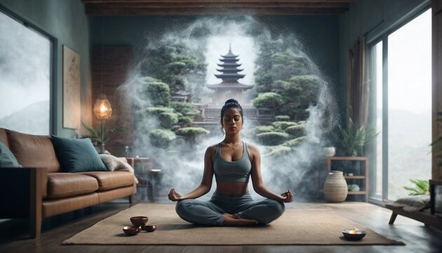 woman meditating in her cozy living room. Around her, the walls appear to dissolve into a zen temple, visualized through misty particles