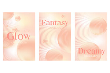 Modern nude beige, peach color background for beauty treatment products, cosmetics with glowing bubbles, serum drops, abstract wavy lines. Perfect for presentations, card design, flyers, posters.