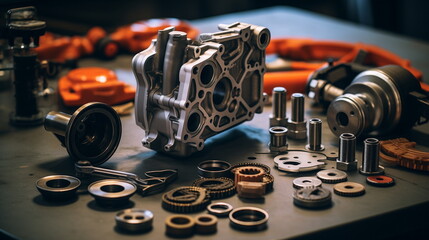 Auto repair, car engine repair, spare parts are laid out on the table. Maintenance of diesel and gasoline equipment, service center - obrazy, fototapety, plakaty