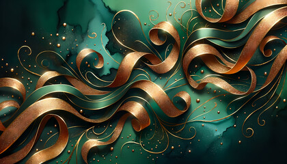 A watercolor wash background in deep emerald, illuminated with glistening gold swirls that resemble luxurious ribbon strands, crafting a celebratory ambiance for the festive season.