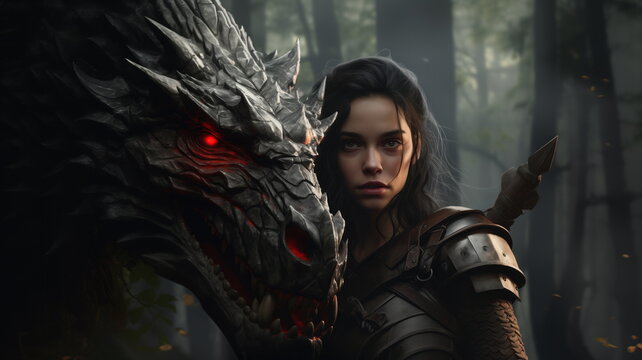 Portrait Of Woman Knight In Armor And A Fighting Dragon In Forest, Red Glowing Dragon Eyes