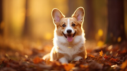 Happy Welsh Corgi puppy runs through the autumn grass and foliage in the park at sunset
