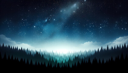 A nature-inspired background capturing the silhouette of a serene forest beneath a starry night sky, evoking a sense of tranquility and wonder.