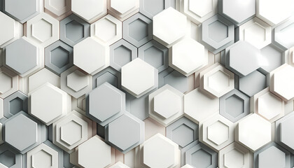 Fototapeta premium A geometric pattern background in soft grays and whites, showcasing hexagons of varying sizes, presenting a modern and structured aesthetic ideal for design projects.