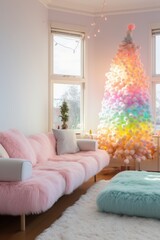 A vibrant pastel-colored christmas tree stands tall in a room filled with colorful decorations, cozy pillows, and stylish furniture, creating a festive and inviting atmosphere