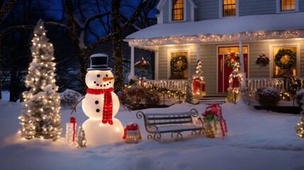 Festive Winter Scene: House with Sparkling Lights, Snowman, Sleigh, and Gifts.