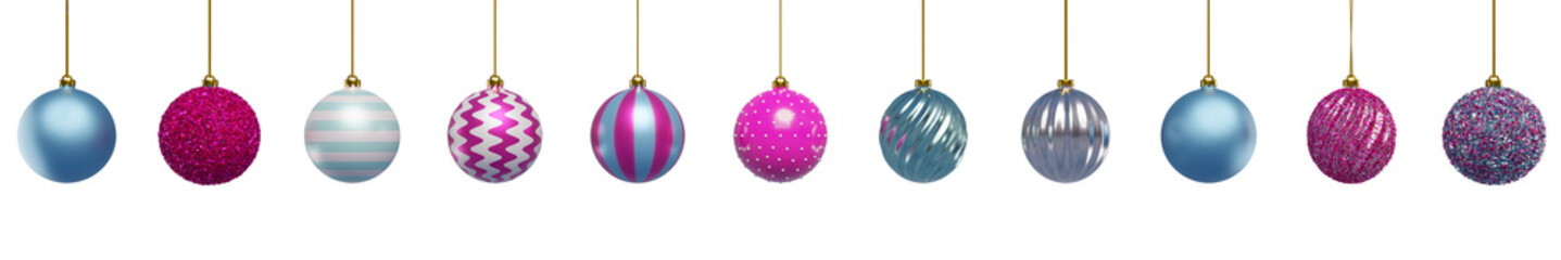 Collection set of Christmas tree decorations balls in a row on an isolated background. 3d rendering