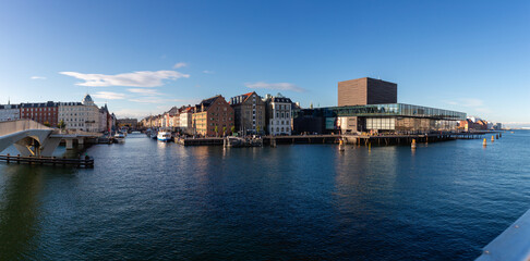 Fototapeta premium Copenhagen, Denmark - October 22, 2023: panoramic view of the city of Copenhagen, with the Nyhavn neighborhood and the Playhouse