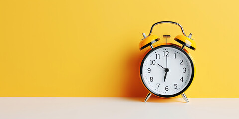 Retro alarm clock on yellow uniform background. Time to work or get up concept. Generative AI