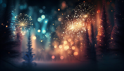 jolly winter bokeh background including vibrant fireworks - obrazy, fototapety, plakaty