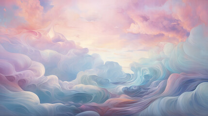 Fototapeta premium Soft, moving cloud of pastel hues gently winding through a celestial cloudscape Ai Generative
