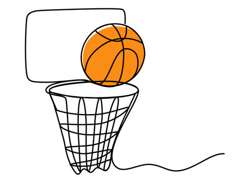 One continuous line drawing of basketball hoop with a ball. Sport, running, ball sports, activity, athlete, game, training, basket, jump, play. Editable stroke. Outline vector illustration