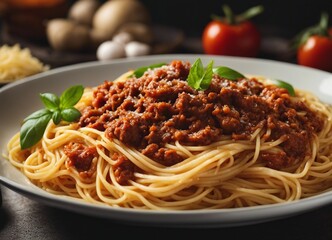 Delicious Italian spaghetti with bolognese at restaurant