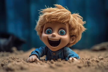 3D rendering in cartoon style depicting a boy in a sandbox. - obrazy, fototapety, plakaty