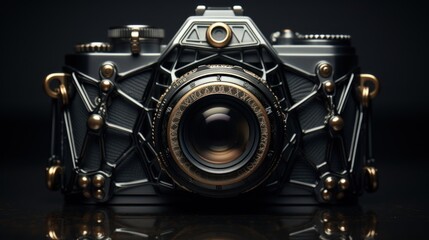 Vertical close-up image of fashion and creatively designed, retro vintage old photo camera. Film camera in unusual modern abstract case. Concept of technology, creativeness. Ad