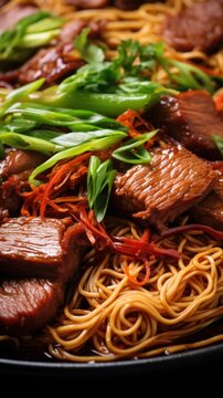 Close up of plate of noodles with beef and green onions. Noodles are thick and beef tender and flavorful. Green onions fresh and add bright pop of color to dish. Concept of restaurant menu, food.