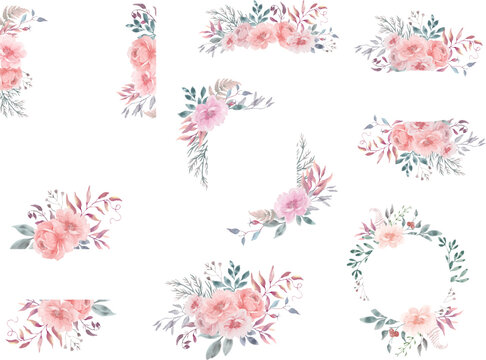 Watercolor flower border set.  Hand drawn iIllustration isolated on transparent background. Vector EPS.