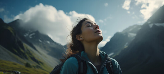 Close-up of woman breathing in fresh air on hiking trail or meditation for mental health - obrazy, fototapety, plakaty