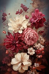 Textured Burgundy and Beige Paper with Realistic Floral Bouquet Border. Vintage Styled Background.