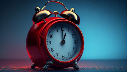 New year with a red alarm clock on a blue shiny background
