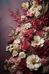Obraz na płótnie Canvas Realistic Flower Bouquet Border on Textured Beige Paper. Vintage Style Backdrop.