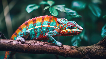 A colorful chameleon sits on a tree branch amidst green leaves